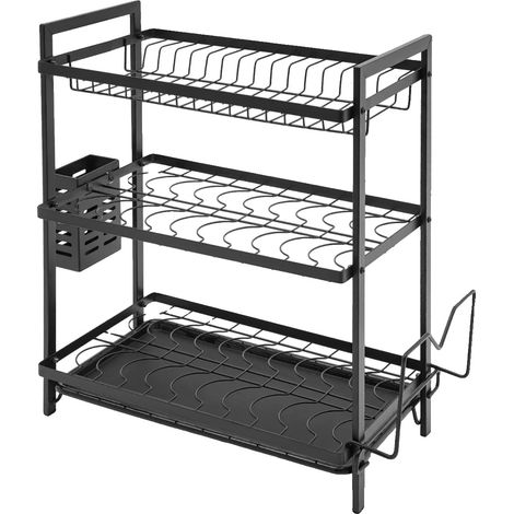 Scolapiatti a 3 livelli, con ganci per utensili inclusi, colore nero. (1/2)