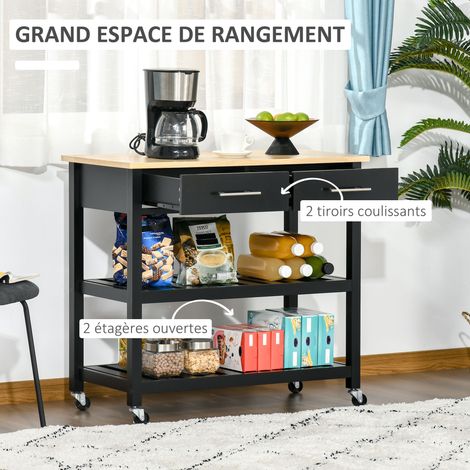 Chariot de cuisine desserte 2 étagères 2 tiroirs bois naturel noir pin MDF roulettes frein rangement pratique élégant moderne (1/5)