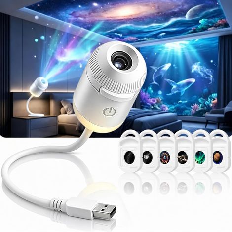 Proyector de luz nocturna holográfica HD dinámico inteligente con 6 discos de proyección, Plug and Play, ajustable 360°, proyectores de galaxia y luna, luz nocturna para dormitorio, techo (1/5)