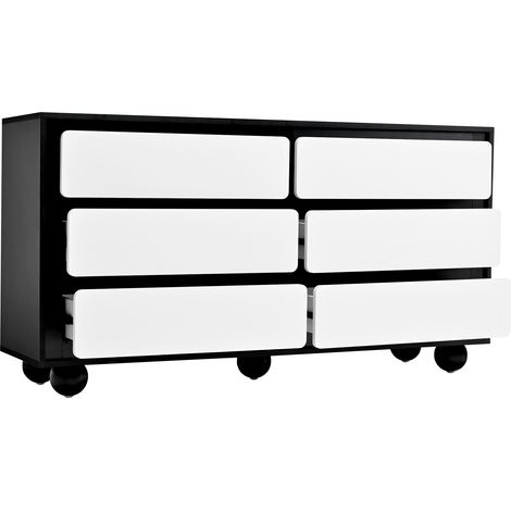 ELVMI Cassettiera con 6 Cassetti, Piedi in Metallo e Angoli Arrotondati per Camera e Soggiorno, in Pannelli di Particelle, 140 × 38 × 74.5 cm, Bianco e Nero (1/4)