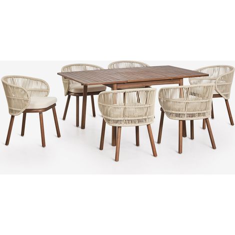 SKLUM Ausziehbarer Esstisch-Set 100-160x100 cm Karvia und 6 Gartenstühle aus Akazienholz und geflochtener Capri-Schnur Creme-Beige (1/5)