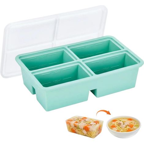 Gefrierbehälter aus Silikon für Suppen mit 4 Fächern, 250 ml Fassungsvermögen, Messmarkierungen und grünem Deckel (1/5)