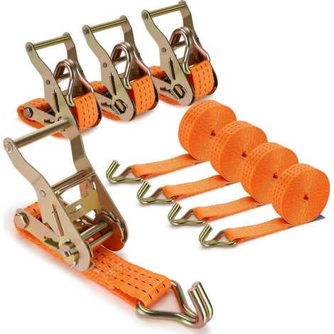 Lot de 4 sangles d'arrimage avec cliquet, 6m x 3,8cm, 2000kg, double crochet de sécurité