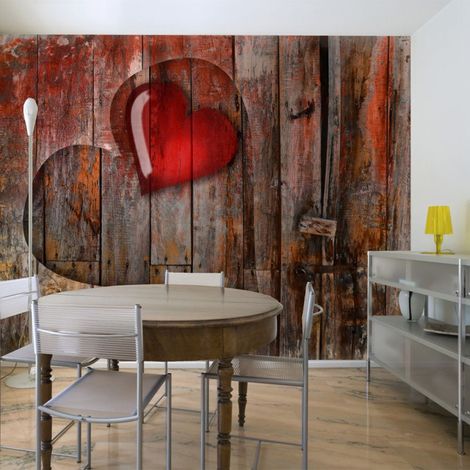 Papier Peint "Coeurs sur Fond de Bois" 154 x 200 cm (1/2)