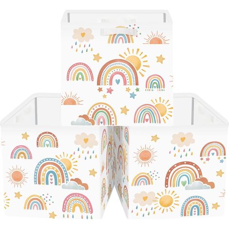 Lot de 3 Boite Rangement Tissu Arc-en-ciel Bohème Cube de Rangement Pliable Adolescent Panier pour Salle de Bain,Soleil,30x30x30 cm (1/5)