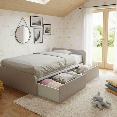 Letto 1 piazza e mezza con cassettoni, personalizzabile e facile montaggio - Effetto tessuto