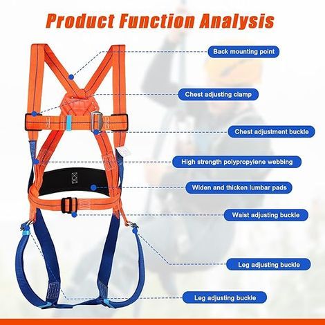 Ceinture de sécurité antichute, kit antichute 5 points, harnais de sécurité ergonomique et réglable pour travaux en hauteur, charge maximale 100 kg, pour l'escalade et le travail en hauteur (1/4)