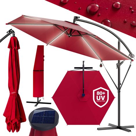 Parasol déporté inclinable Ø 330 cm en aluminium avec éclairage LED – Protection UV80+ – H 245 cm – Toile hydrofuge rouge – Kingsleeve