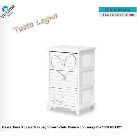 Cassettiera Mobile in Legno con 3 Cassetti Bianco Big Heart 62 x 40 x 31 cm (1/2)