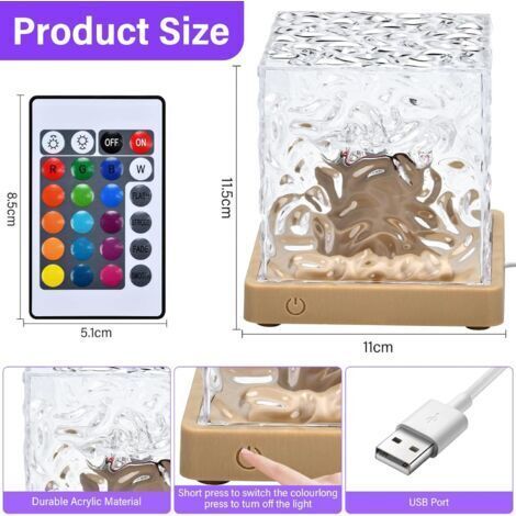 Veilleuse cube 3D avec effet d'ondulation d'eau, 16 couleurs, télécommande incluse, idéale pour la décoration de la chambre à coucher.