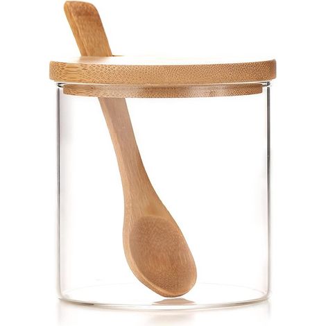 1 pot à herbes, boîte à épices, bocal en verre avec couvercle en bambou, ventouse mignonne, salière avec cuillère en bois, boîte de rangement pour épices et poivre (1/4)
