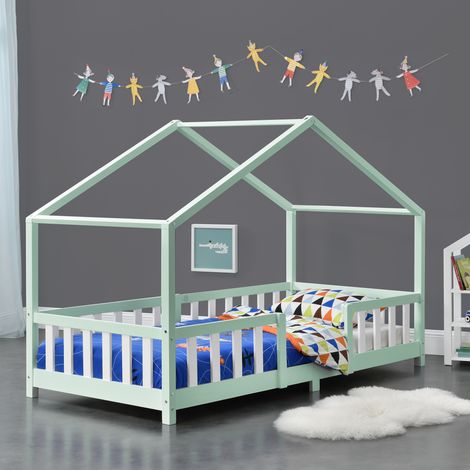 Letto per Cameretta Treviolo a Forma di Casetta in Stile Montessori 90x200 cm Menta Verde/Bianco [en.casa] (1/5)