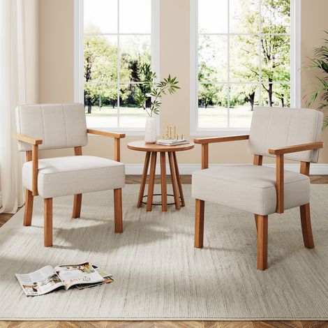 Fauteuil d'accent mid-century bois, cuir PU écru à rayures verticales (1/5)