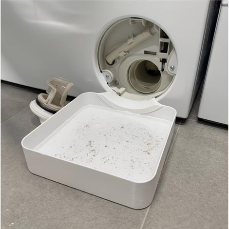 Entonnoir de machine à laver - Bac d'égouttement compact en plastique pour nettoyer le filtre à peluches et prévenir les fuites dans la buanderie - Blanc (1/5)