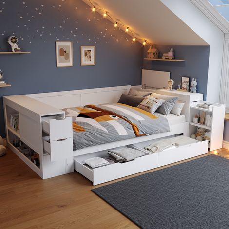 DESVIAE Lit enfant banquette avec rangement 140 x 200 cm blanc en MDF avec tiroir profond étagères armoires table de chevet et sommier à lattes (1/5)