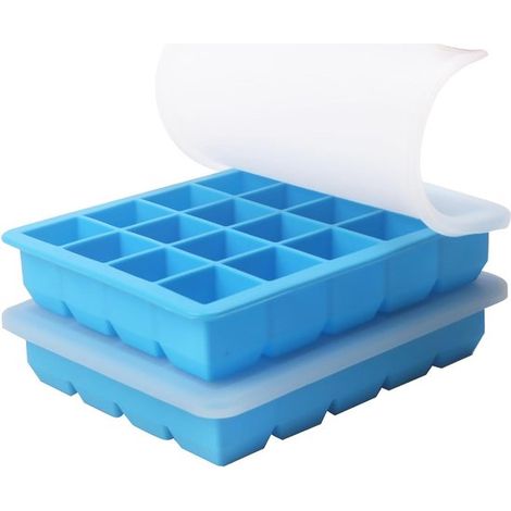 Bandeja de silicona para cubitos de hielo con tapa, Porciones 15 ml, Bandeja cubitos hielo 2,5 cm, Bandeja silicona congelador, 2 piezas (azul) (1/5)