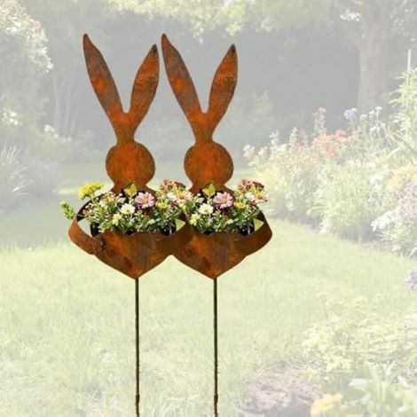 Lot de 2 pots de fleurs de Paques vintage en métal en forme de lapin, finition patine rustique, décoration pour jardin, cour, piquets décoratifs pour petites fleurs, plantes succulentes (marron) (1/5)