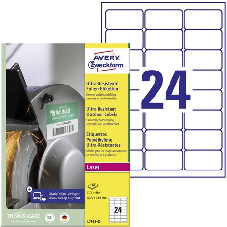 Avery-Zweckform L7912-40 Etichetta universale 63.5 x 33.9 mm Pellicola in polietilene Bianco 960 pz. A tenuta permanent (1/5)