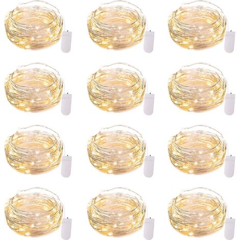 Set mit 12 batteriebetriebenen LED-Lichterketten, wasserdichtem Silberdraht, 2,1 m, 20 LEDs, Glühwürmchen, Sternenmond, für Hochzeit, Schlafzimmer, Terrasse, Weihnachten (12er-Set, warmweiß)