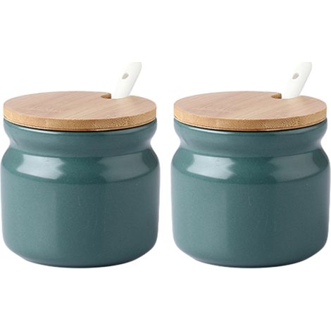 Sugar Bowl - Ceramic - 300 ml - With Wooden Lid And Porcelain Spoon - Dark Green - For Kitchen Coffee Bar Breakfast - 2 Pieces (1/5)