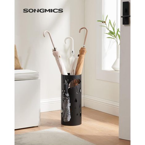 SONGMICS Porta Ombrelli per Entrata, Supporto per Ombrelli in Acciaio, con Vaschetta Scolapioggia Raccogligocce Rimovibile e 4 Ganci, Diametro 17 x 41 cm, Nero (1/5)