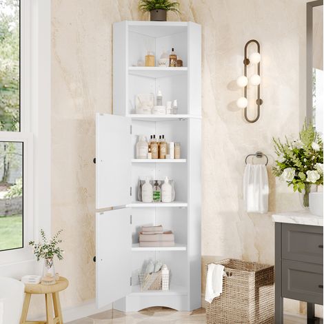 Meuble de salle de bain d'angle 51.7x32x155.4 cm blanc en MDF laqué avec étagères réglables et 2 portes (1/5)