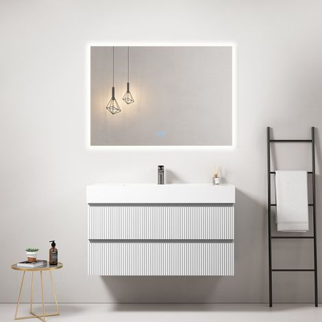 Mobile bagno sospeso cannettato 100 cm Bianco Lavabo in Resina Specchio Quadro Retroilluminato - Fiji Paint (1/3)