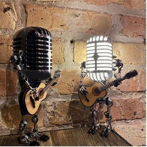 Lampe robot avec microphone USB style rétro tenant une guitare et lumière, décoration vintage pour la maison (1/3)