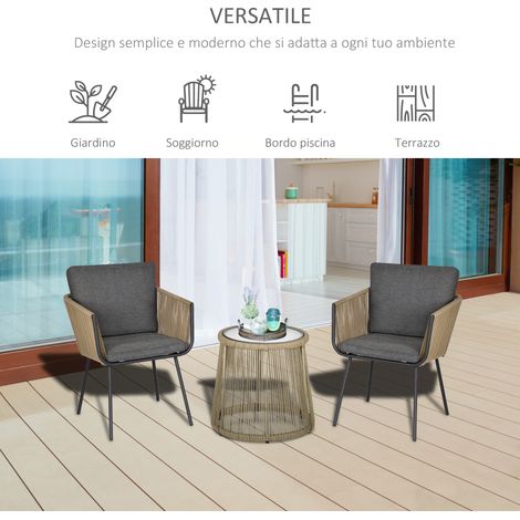 Lot 2 Fauteuils Boho + Table Basse Jardin en Résine Tressée, Gris & Kaki (1/5)