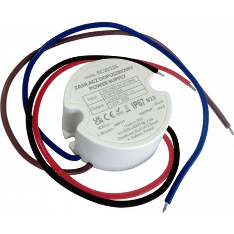 Fuente de alimentación para la caja fi60 1,67 A 20 W 12 V IP67 50x50x22 Ecolight EC20125