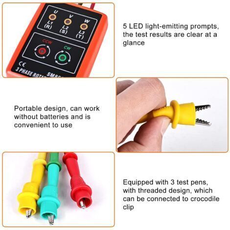 NALOOKAMIC Testeur d'indicateur rotatif pour détecteurs de métaux : testeur de phase, appareil de mesure de champ rotatif, 60 V CA à 600 V CA, pince ampèremétrique rotative triphasée (1/4)