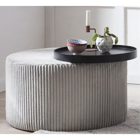 Table Basse Ronde Ø 70 cm de Salon Style Scandinave en Tissu Gris et Plateau MDF Noir - PANGIVO (1/5)