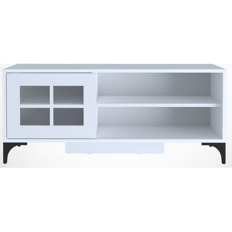 Meuble TV 1 porte coulissante bois blanc Riko 125cm (1/5)