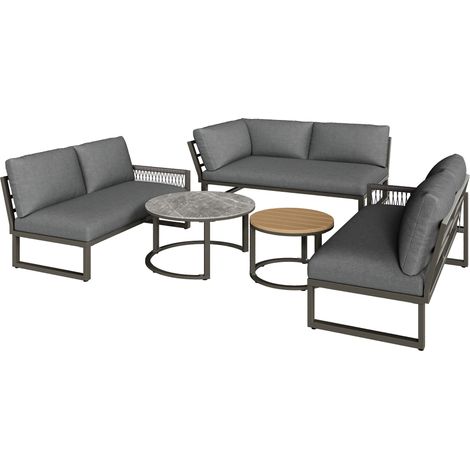 Salon de jardin, ensemble de meubles pour 6-7 personnes, canapé d’angle avec structure en fer galvanisé, pieds réglables, avec coussins d’assise et de dossier inclus, gris (1/5)