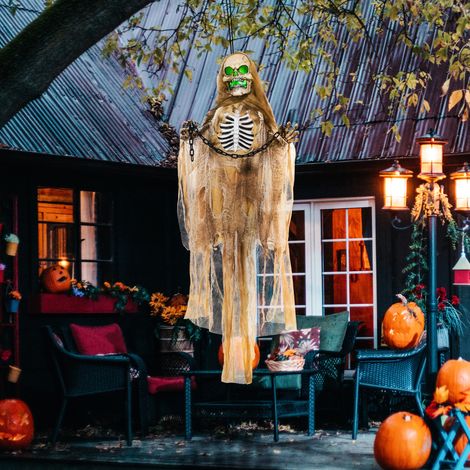 Decorazione di Halloween, scheletro appeso, testa luminosa, ululato inquietante, braccia flessibili, kaki (1/5)