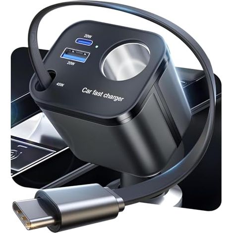 4-in-1 USB-C-Autoladegerät – [2025 Superkompakt] [145 W Schnellladung] USB-Schnellladeadapter fürs Auto mit einziehbarem USB-C-Kabel, 24/12-V-Autoladegerät für iPhone 17 Air