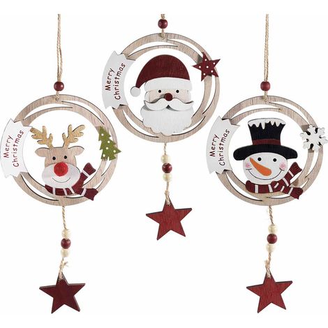 Décorations de Noël en bois à étoile avec silhouettes Père Noël, renne et bonhomme de neige, lot de 12, diam. 11 cm