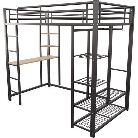 Lit mezzanine avec échelle 90200cm, lit simple pour enfant avec table, suspension simple et compartiments de rangement, noir