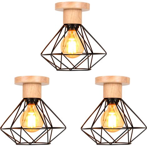 3x Industriell Deckenlampe in Rautenform Metall Hölzern Deckenleuchte Lüster E27 für Schlafzimmer Badezimmer Dachgeschoss Flur Korridor Café Schwarz