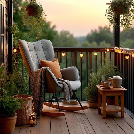 Fauteuil à Bascule de Jardin, Chaise de Détente pour Terrasse et Balcon Couverts, Design Scandinave avec Pieds Bois et Métal, Tissu Non Imperméable (1/5)