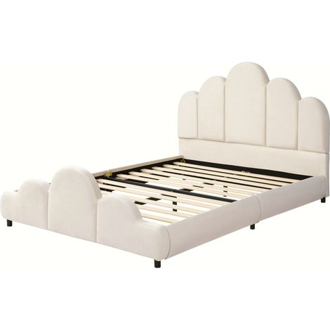 Cama infantil tapizada 140 x 200 cm de terciopelo beige con somier y bordes redondeados (1/5)