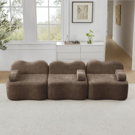 Modulares Sofa Samt Braun, rahmenloses Wohnzimmersofa mit tiefer Sitzfläche, Wellenform und flexibel kombinierbaren Modulen (1/5)