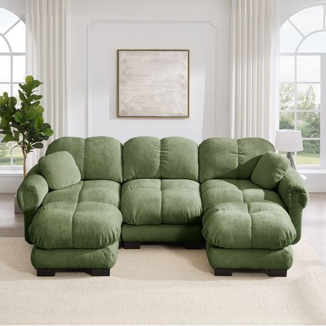 Sofá modular en U (260x149x90 cm), asiento acolchado, respaldo curvo, con otomana móvil, chenilla verde (1/5)