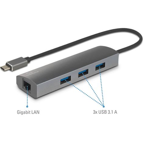 Adaptateur réseau/hub Renkforce 1 GBit/s USB-C® (USB 3.2 Gen 1), Gigabit-LAN (1 Gbit/s), USB 3.1 (Ge