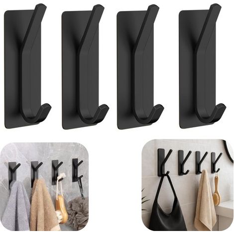 Crochets muraux adhésifs lot de 4 - patères doubles 3 x 8 cm pour serviettes et sacs, noirs (1/5)