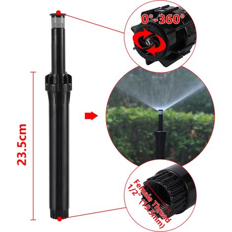 Arroseur escamotable enterré (23,5 cm) à filetage femelle 1/2", à levage automatique 360°, buse à jet diffusant, pour l'irrigation des pelouses vertes. (1/5)