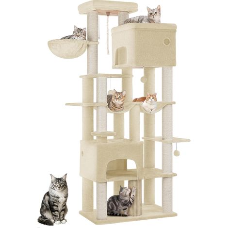 Arbre à Chat, XXL, Grand Tour à Chat de 185 cm de Haut, avec 10 Griffoirs, 2 Plateformes Géantes, 2 Niches, 2 Hamacs, Pompons, Panier, pour Maine Coon, Beige