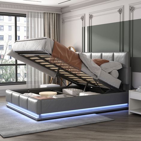 Lit coffre 140x200 cm lit adulte capitonné double avec LED et sommier à lattes. simili cuir. gris, sans matelas