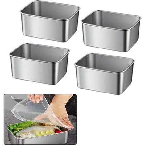 4-teiliges Edelstahl-Vorratsdosen-Set, Lunchbox mit staubdichtem Deckel, leicht zu reinigen für Kühlschrank/Backofen/Küche – Silber (1/5)