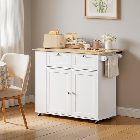 WOLTU Isla de cocina con ruedas, 3 estantes laterales y 2 cajones, almacenamiento que ahorra espacio, roble claro + blanco